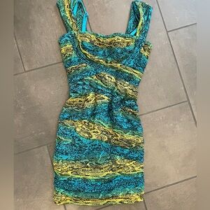 BCBG Max Azria Ivita Blue Snakeskin Print Mesh Ruched Dress Cocktail Size S
